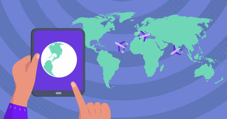 Image of world map over hands using tablet. Social media, travel and digital interface concept...