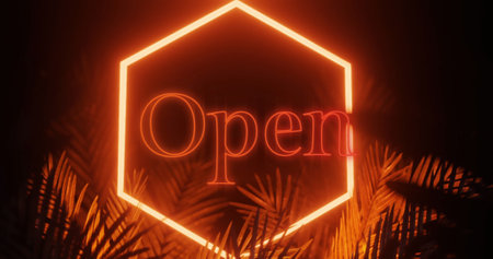 Image of open text over neon shape and leaves on black background. Social media and digital interface concept digitally generated image.の写真素材