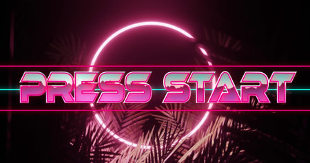 Image of press start text over neon shape and leaves on black background. Social media and digital...