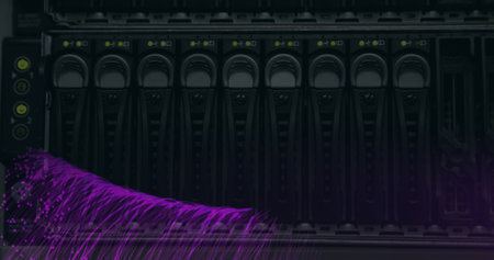 Image of moving shapes over server room. Global business and digital interface concept digitally...