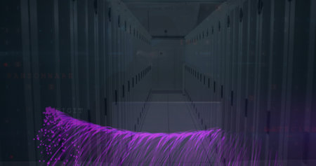 Image of moving shapes over server room. Global business and digital interface concept digitally...