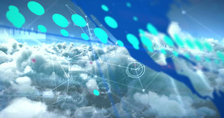 Image of graph, world map and network processing data over blue cloudy sky. Global communication, research, digital interface and data concept digitally generated image.の写真素材