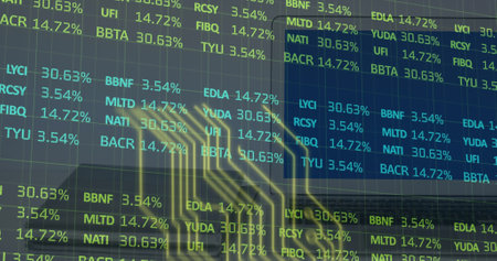 Image of data processing over binary coding. Global finance business and digital interface concept...