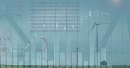 Image of statistics and financial data processing over agriculture field. Global finance business and digital interface concept digitally generated image.の写真素材