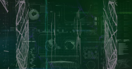 Image of screens of network of connections against data processing on green background. Computer interface and business networking technology conceptの写真素材