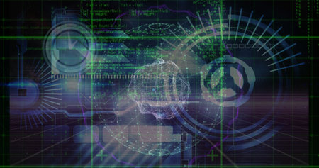 Image of data processing over globe and moving clock on black background. Global technology, online...