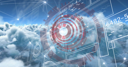 Image of communication network and scanner processing data over blue cloudy sky. Global communication, research, digital interface and data concept digitally generated image.の写真素材