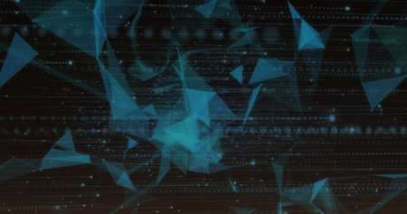 Image of blue shapes over data processing on black background. Global technology, online security...