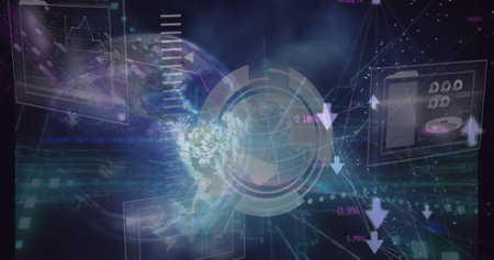 Image of data processing over globe and network of connections on black background. Global...