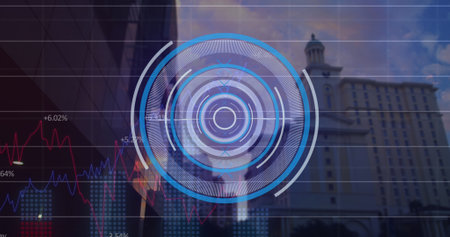 Image of round scanner and statistical data processing against tall buildings. Computer interface and business data technology conceptの写真素材