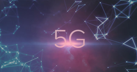 Image of 5g text and spot of light against network of connections against blue background. Global...