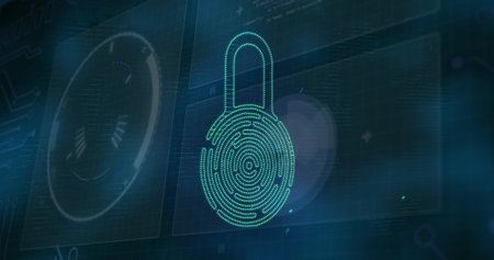 Image of security padlock icon over interface with data processing against blue background. Cyber...