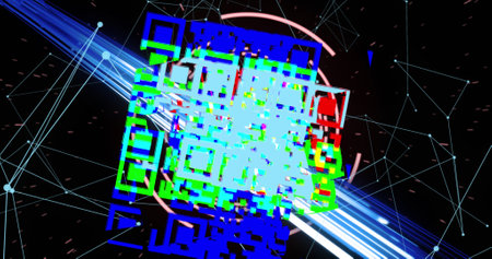 Image of lines over qr code on black background. Colour, shape, movement, data and technology concept digitally generated image.の写真素材