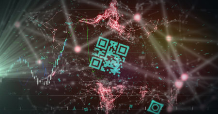 Image of financial data processing over qr code and connections. Online identity, security, business, finance and data processing concept digitally generated image.の写真素材