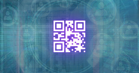 Image of qr code and scanner processing data over network of people icons. Global communication,...