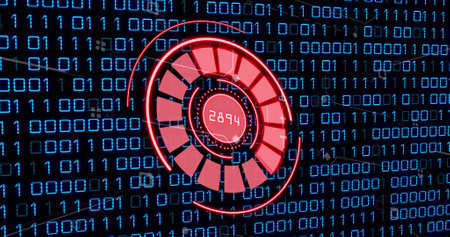 Image of red circle with numbers over binary code. Computers, data processing and technology concept...