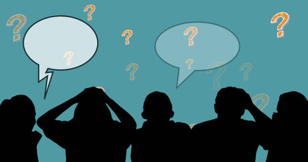 Image of people silhouettes with speech bubble over question marks on blue background. Global...