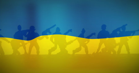 Image of flag of ukraine over soldiers silhouettes. ukraine crisis and international politics concept digitally generated image.の写真素材
