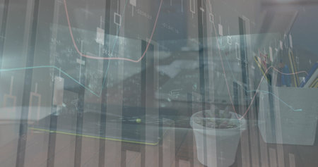 Image of statistics processing over cityscape. global business and data processing concept digitally...