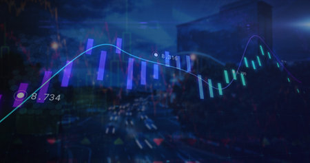 Image of data processing over cityscape. global business, finances and digital interface concept...