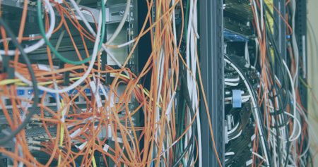 Image of data processing over server room. global technology and digital interface concept digitally...