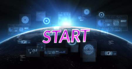 Image of start text and data processing with globe on black background. social media and...
