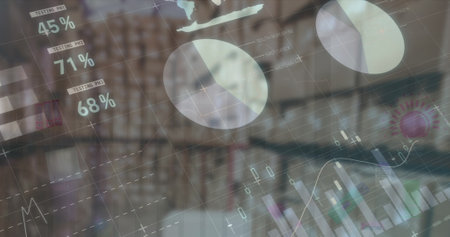 Image of financial data and graphs over packages in warehouse. trade, delivery services, economy and...