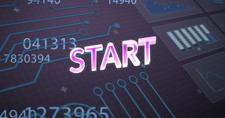 Image of start text and data processing on gray background. social media and communication interface...