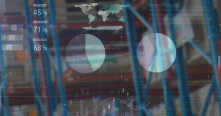 Image of financial data and graphs over warehouse. trade, delivery services, economy and technology digitally generated image.の写真素材