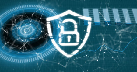 Image of connections, data and digital shield with padlock on green background. global internet...