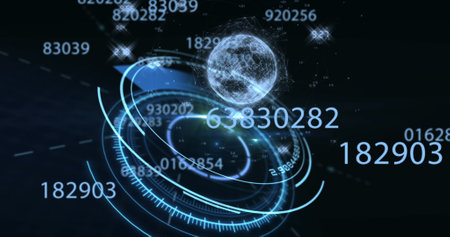 Image of numbers, processing circle and globe on black background. global internet, connections, communication and data processing concept digitally generated image.の写真素材