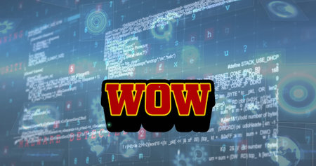 Image of wow text and data processing on blue background. social media and communication interface concept digitally generated image.の写真素材