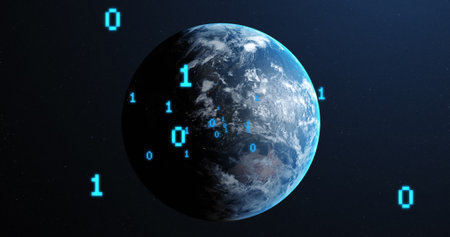 Image of binary coding and globe on black background. global technology and digital interface concept digitally generated image.の写真素材