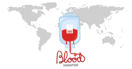 Image of blood donation icon and text over world map. world blood donor day concept digitally generated image.の写真素材
