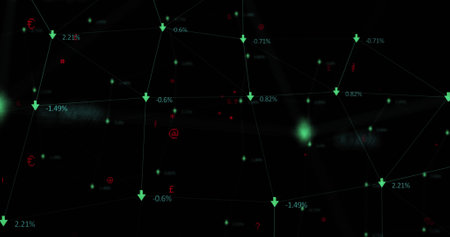 Image of data processing and arrows on black background. global technology and digital interface...