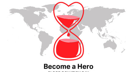 Image of blood donation icon and text over world map. world blood donor day concept digitally...