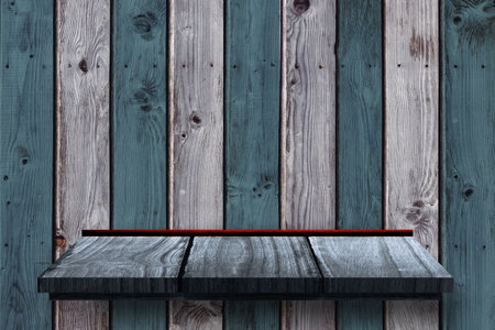 Composite image of wooden shelf on striped wallの写真素材