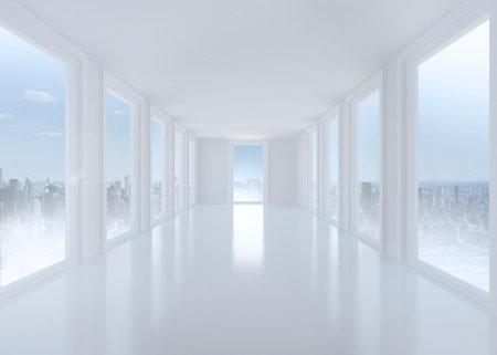 Bright white hall with windowsの写真素材