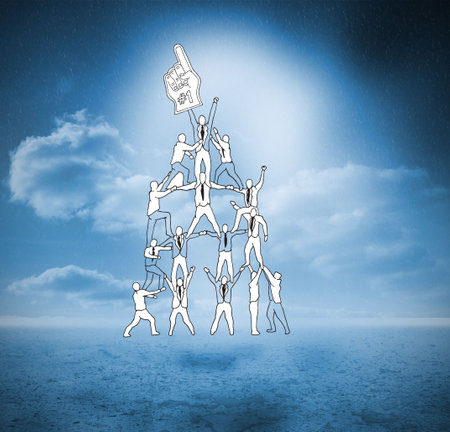 Pyramid of figures over blue countrysideの写真素材