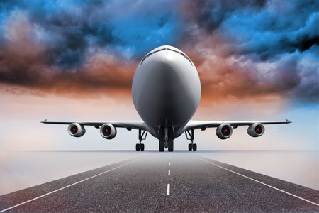 3D plane standing under colorful sky on runway