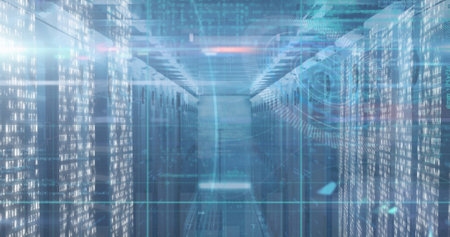 Image of lights, data processing and 5g over servers. Network, connections, communication and...