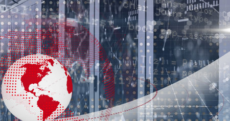 Image of spinning globe, network of connections and data processing over computer server room....