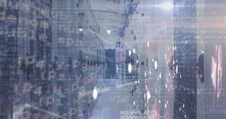 Image of data processing over connections, lights and servers. Network, connections, communication...