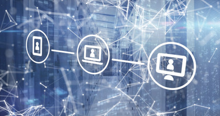 Image of digital icons over network of connections against empty computer server room. Global...