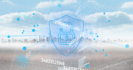 Image of data processing and padlock over cityscape. Global business and digital interface concept...