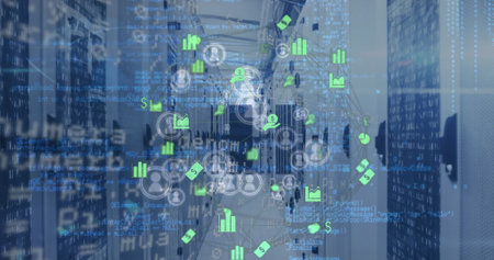 Image of globe of financial icons, profile icons and data processing over server room. Global...