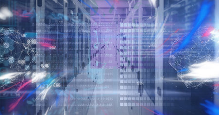 Image of digital waves, network of connections and data processing against computer server room....
