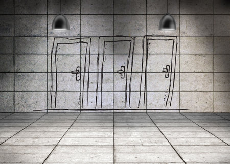 Digitally generated three doors in grey roomの写真素材