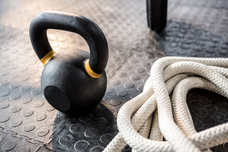 High angle view of kettle bell and rope on floor in gymの写真素材
