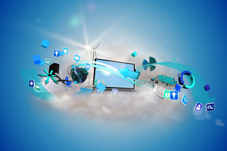Laptop on a floating cloud with app icons on blue backgroundの写真素材